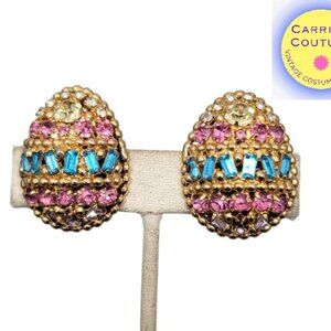 Vintage Napier Goldtone Pastel Rhinestone Easter Egg Clip Earrings 1964 Ad Piece